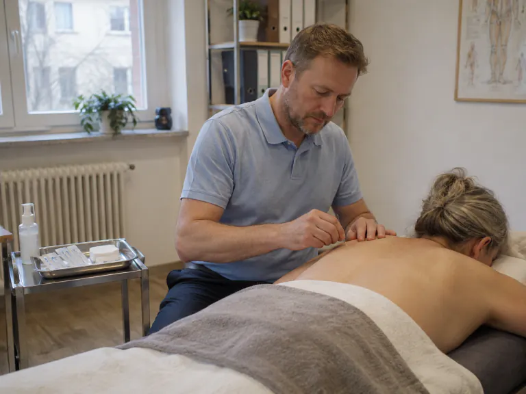 Heilpraktiker setzt bei einer Patientin auf der Behandlungsliege eine Akupunkturnadel