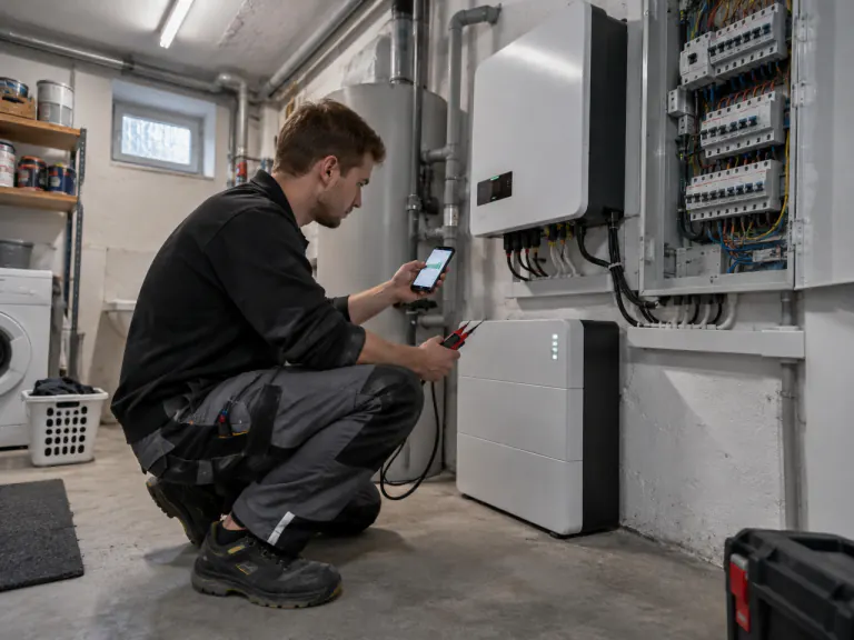 Elektriker prüft mit dem Smartphone einen Stromspeicher im Hauswirtschaftsraum