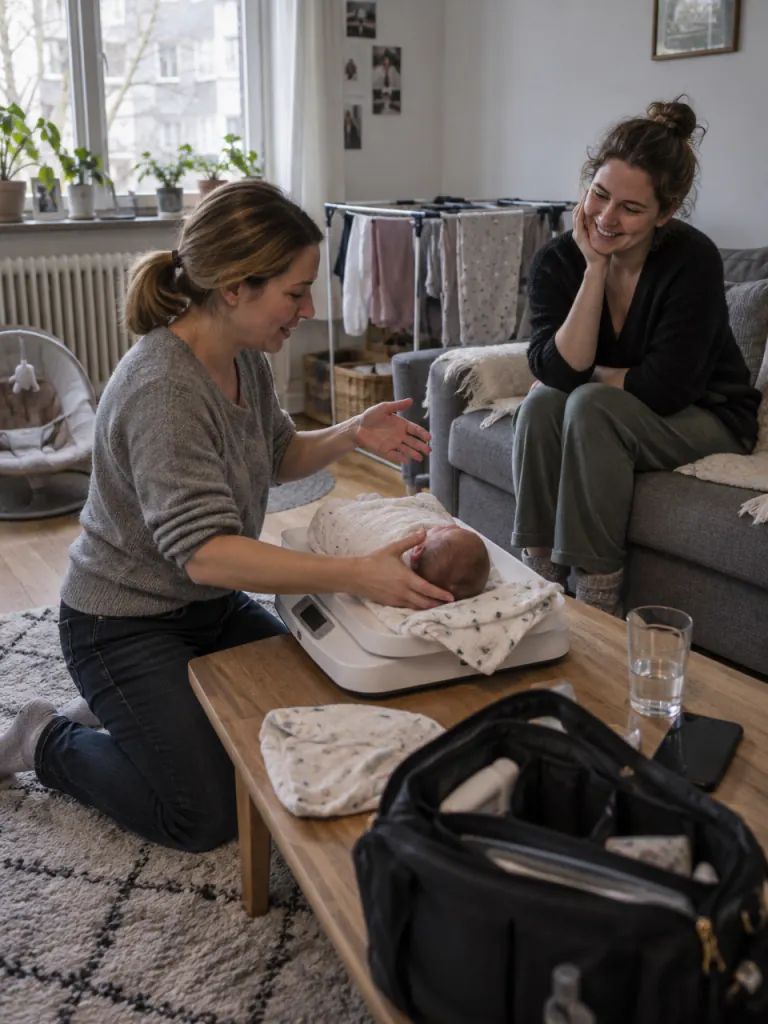 Hebamme bei einem Hausbesuch mit einem Neugeborenen, die Mutter sitzt daneben