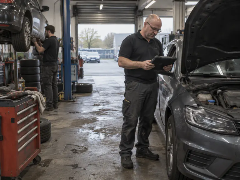 Kfz-Mechaniker prüft in der Werkstatt Daten auf dem Tablet