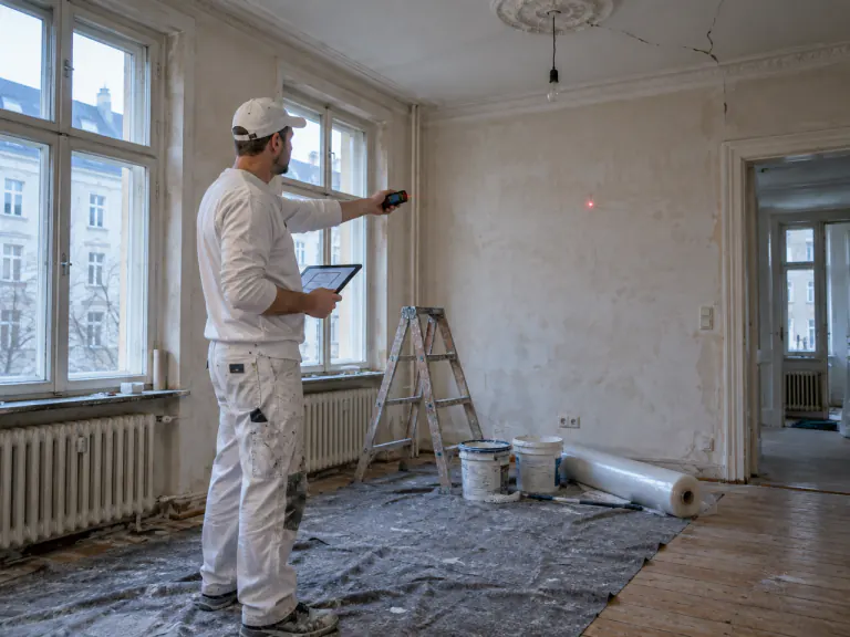 Maler misst mit Laser und Tablet einen leeren Altbauraum aus
