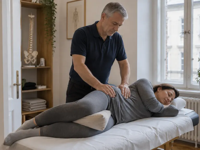 Osteopath behandelt eine Patientin in Seitenlage mit den Händen