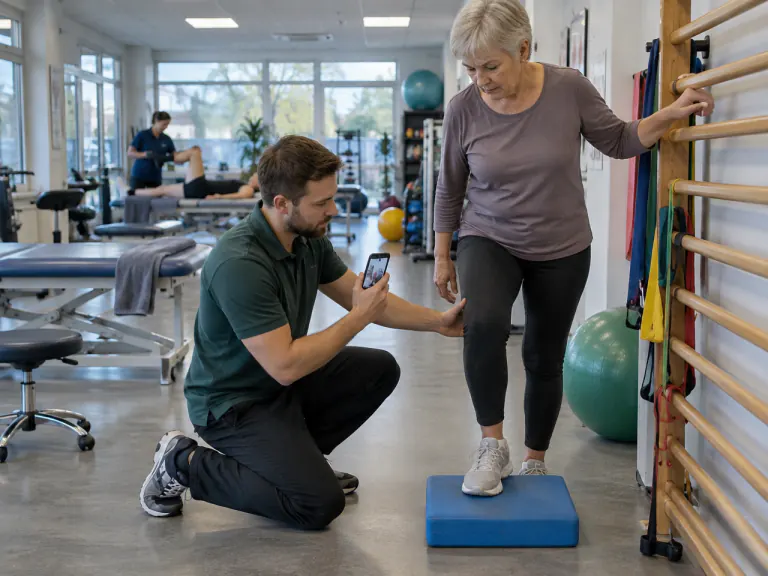 Beispielmotiv: Physiotherapeut begleitet eine Gleichgewichtsübung