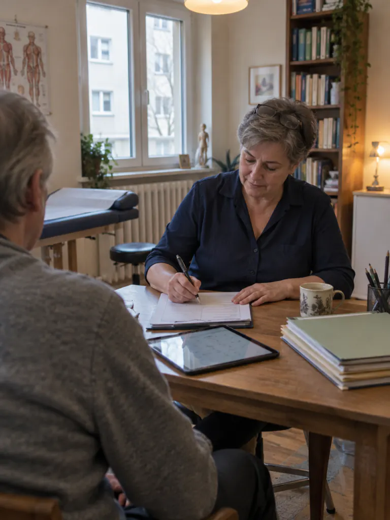 Beispielmotiv: Heilpraktikerin im Gespräch mit einem Patienten