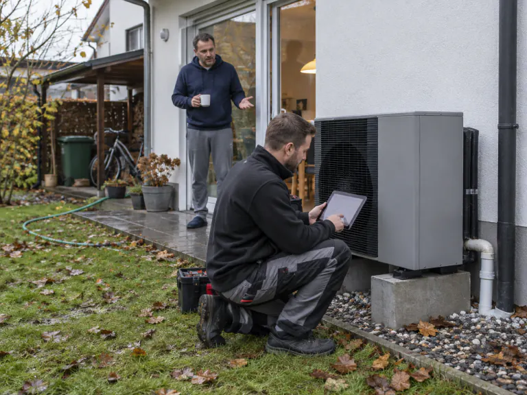 Heizungsbauer prüft mit dem Tablet eine Wärmepumpe im Garten, der Hausbesitzer schaut zu