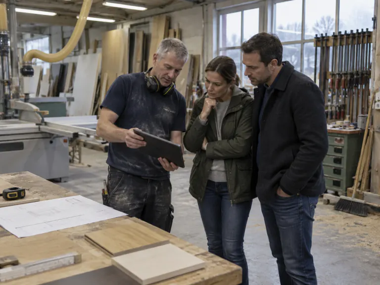 Tischler bespricht am Werktisch Entwurf und Holzmuster mit einem Kundenpaar
