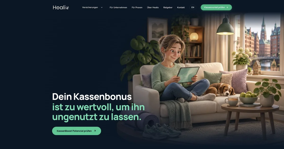 Healio Website mit Gesundheitsbudget und digitalen Angebotswegen